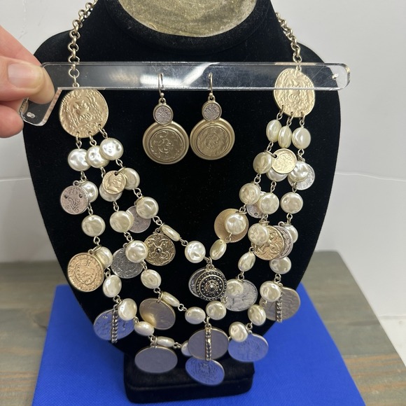 Chico's Jewelry - Vintage Set Necklace & Earrings Chico's Silver Gold Pearls Coin Charms 3 Strand